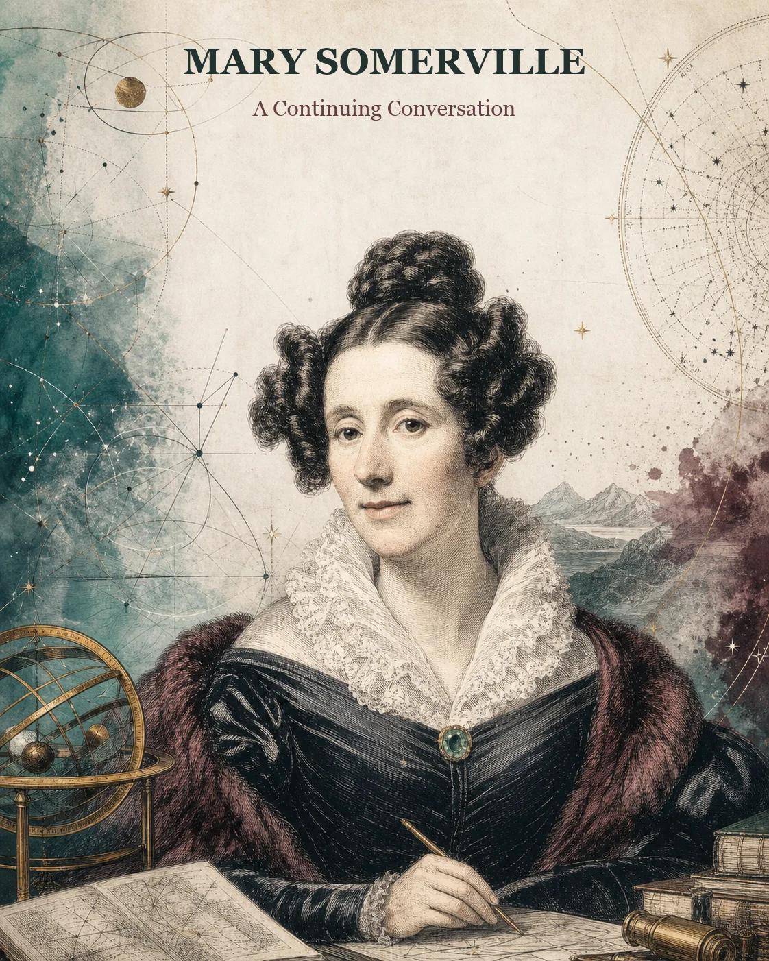 Illustrated cover for the Mary Somerville continuing conversation prototype.