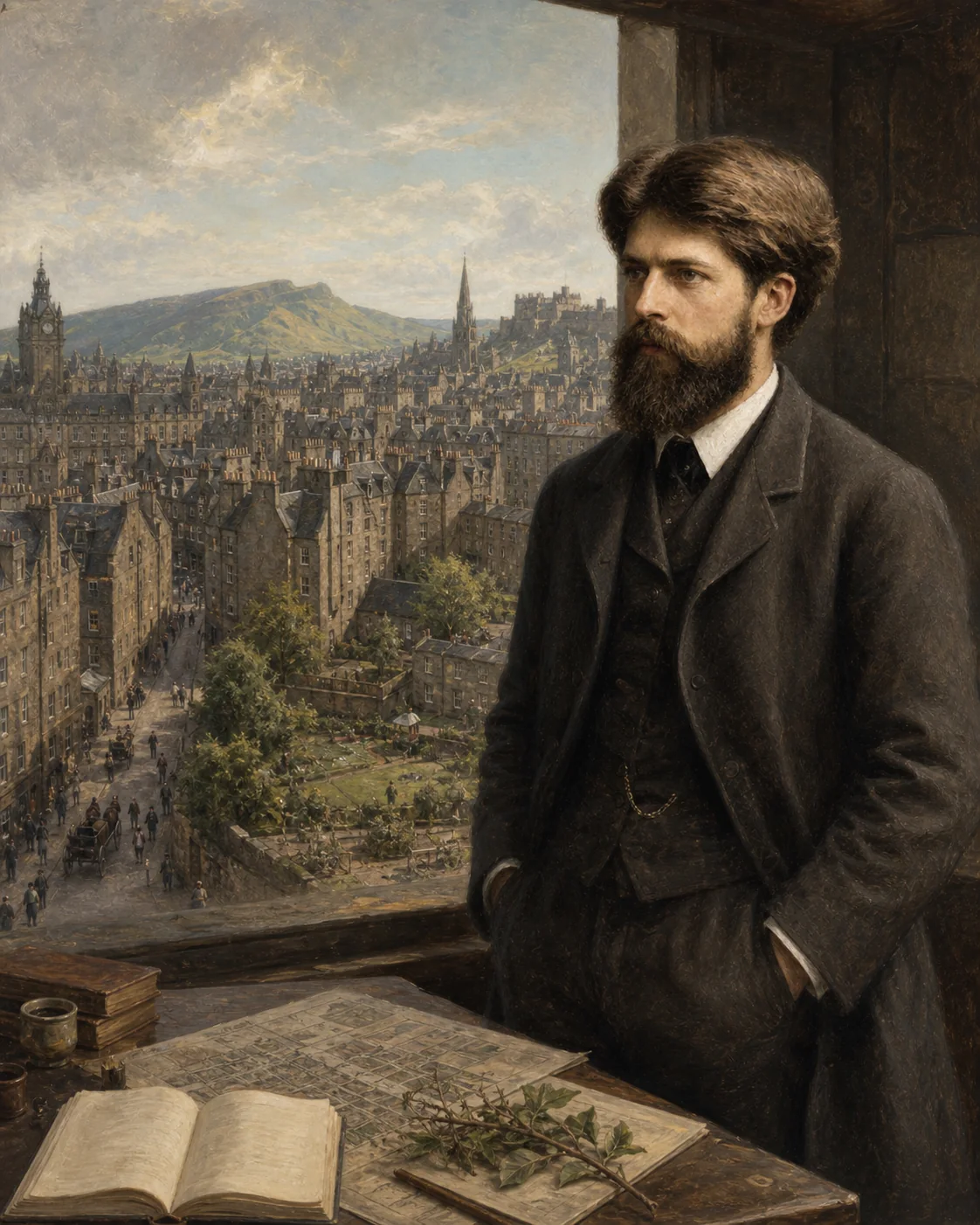 Interpretive portrait of Patrick Geddes with a city and landscape.